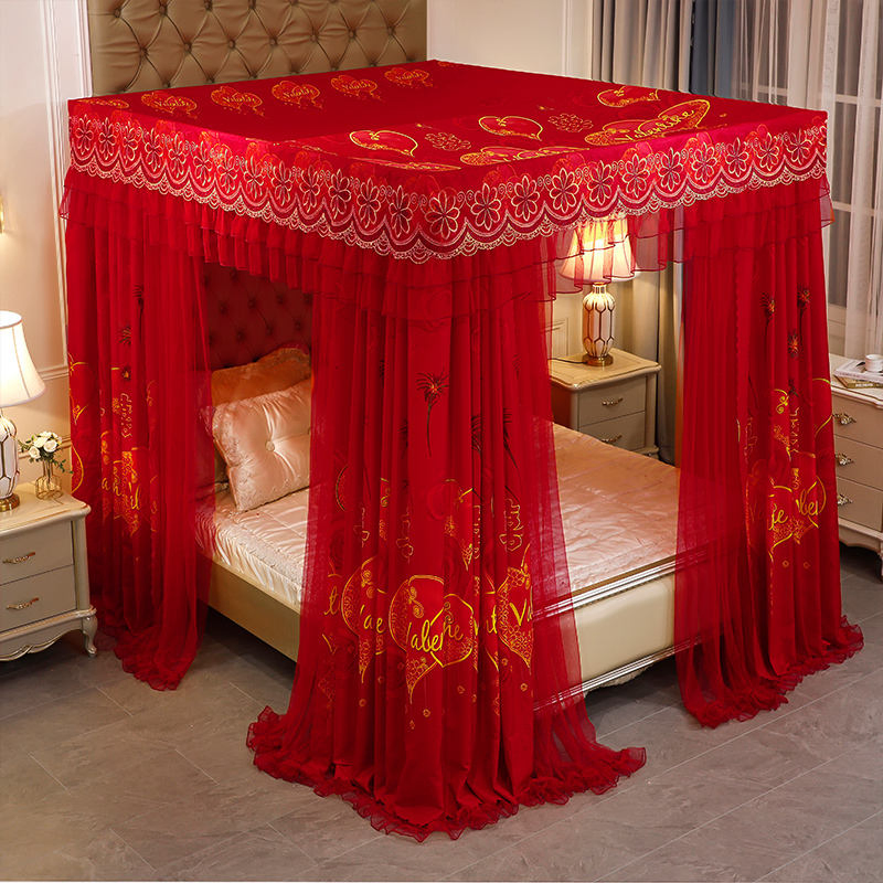 Red Wedding King Size Bed Mosquito Net Double Pole Triple Door Princess Lace Mosquito Curtain with Stainless Steel Bracket