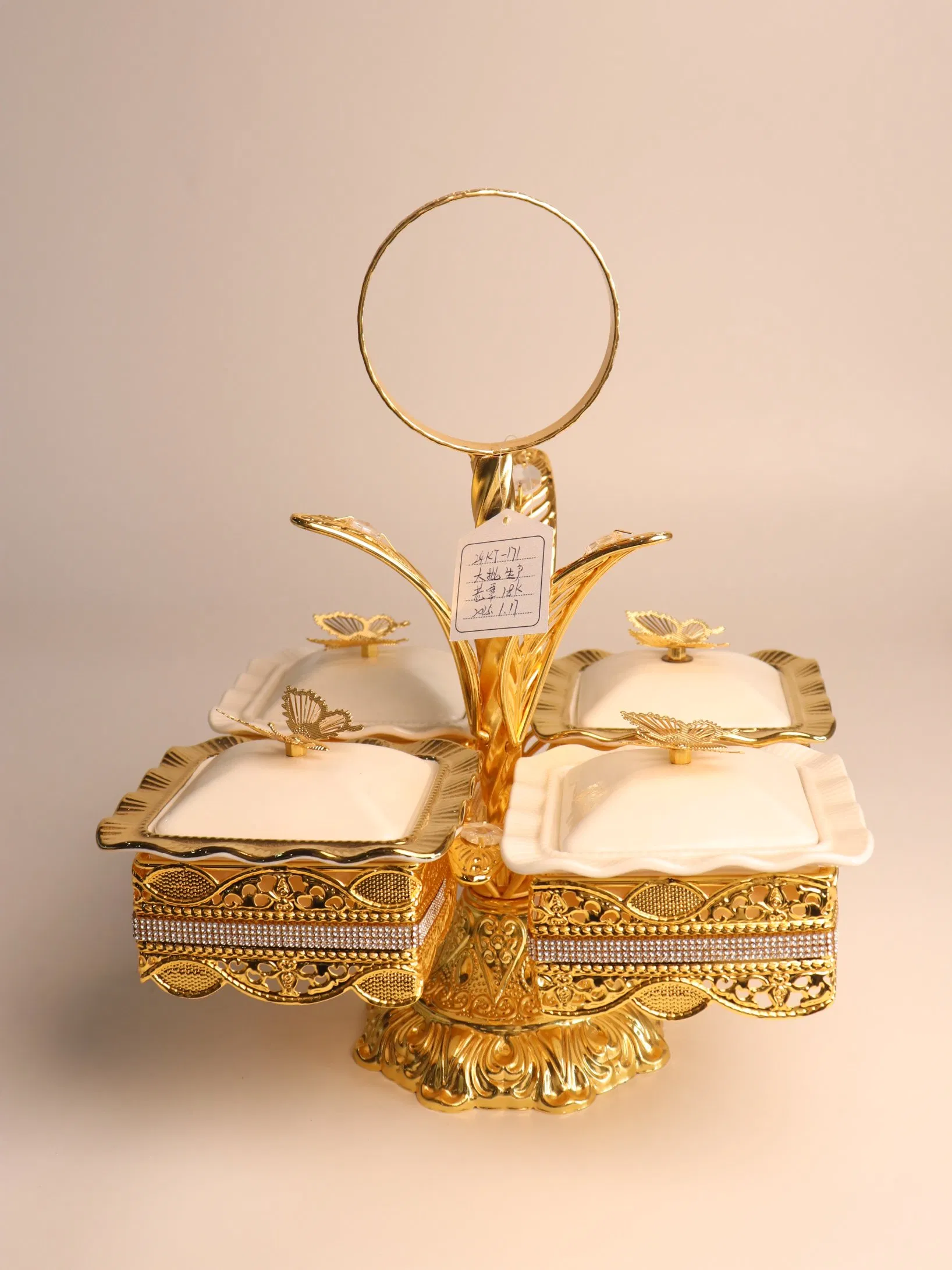 New High-End Gold-Plated Iron Strip with 4 Square Ceramic Bowls