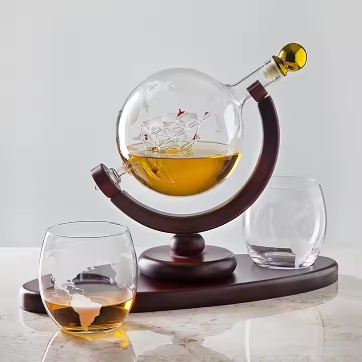 High Borosilicate Glass Whiskey Decanter Globe Set Custom Logo with Wood Base