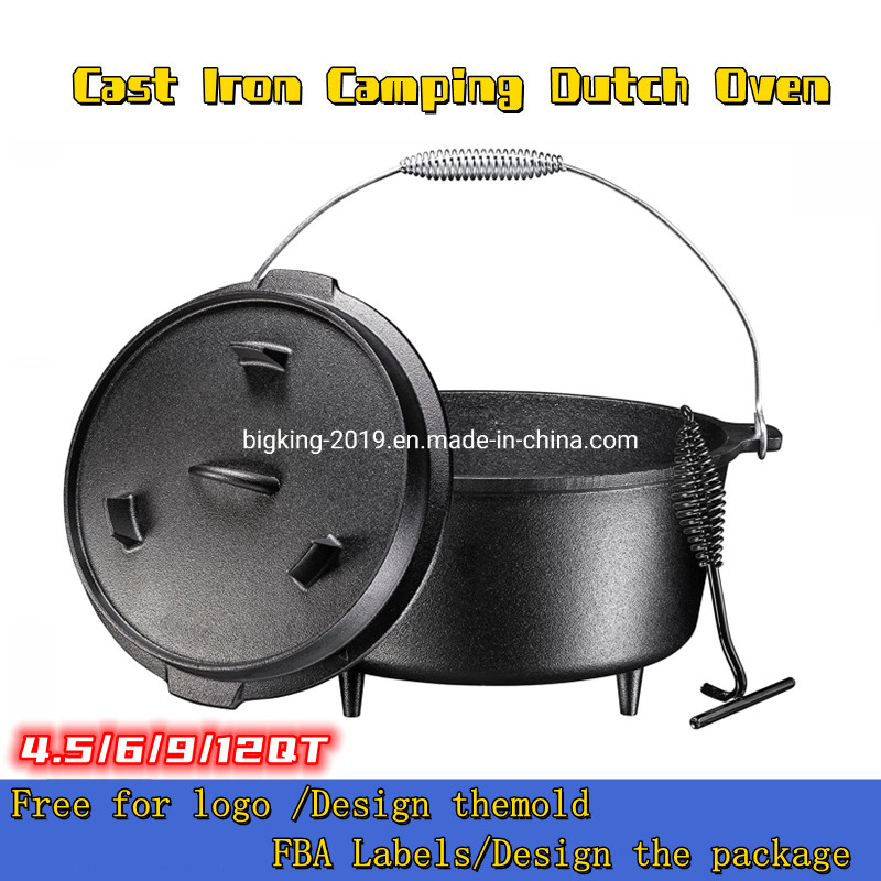 Pre-Seasoned Cast Iron Dutch Oven with Flanged Lid Iron Cover, for Campfire or Fireplace Cooking, Flat Bottom 6-Quart