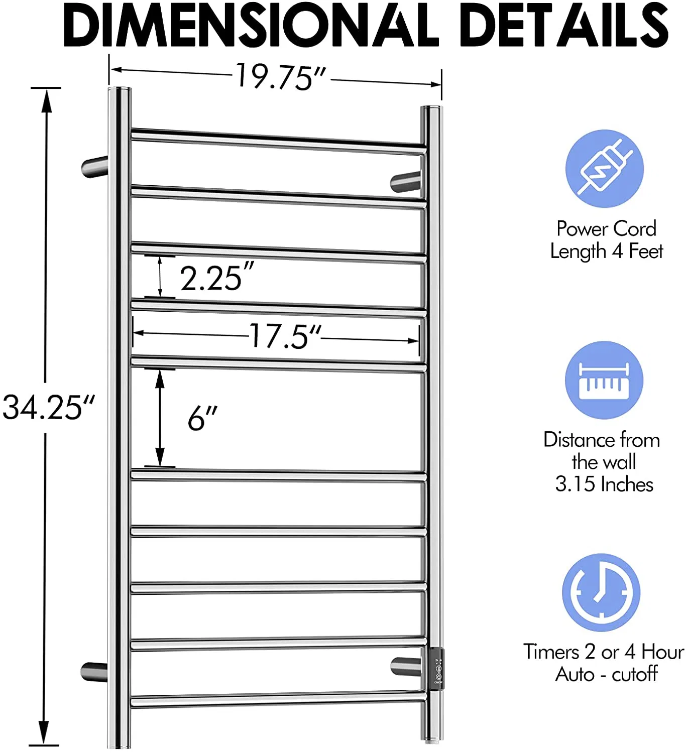 CE/FCC Approved Electric Towel Warmer SUS 304 Heater Towel Rack