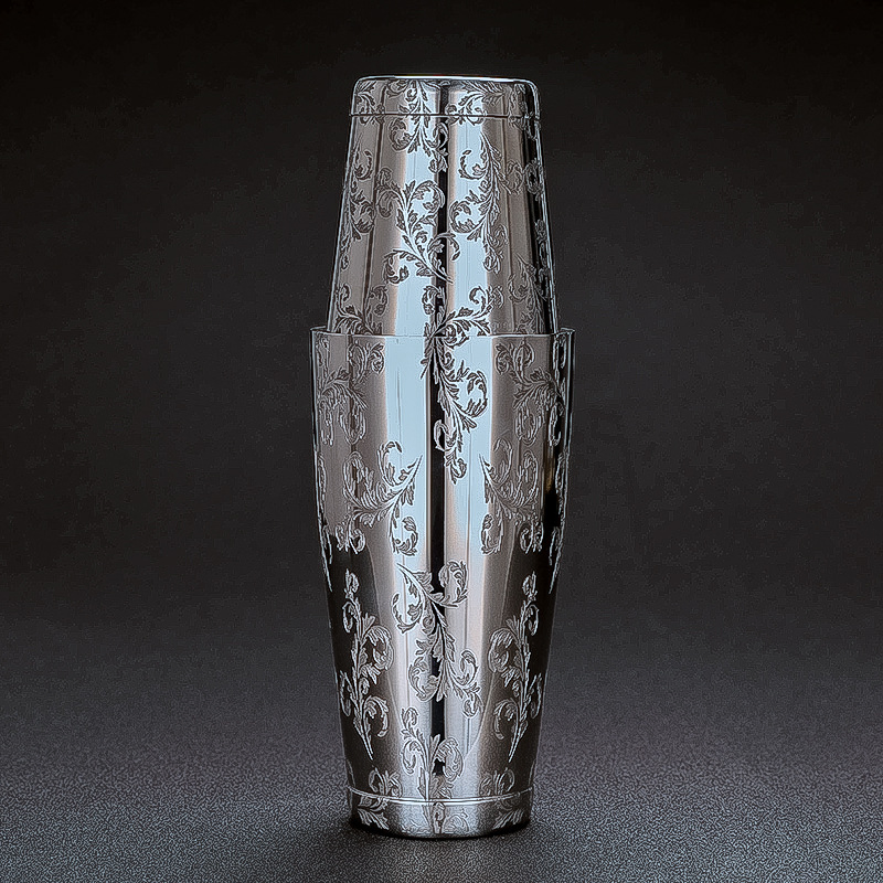 Etched Steel Bar Boston Cocktail Shaker with Heavy Base