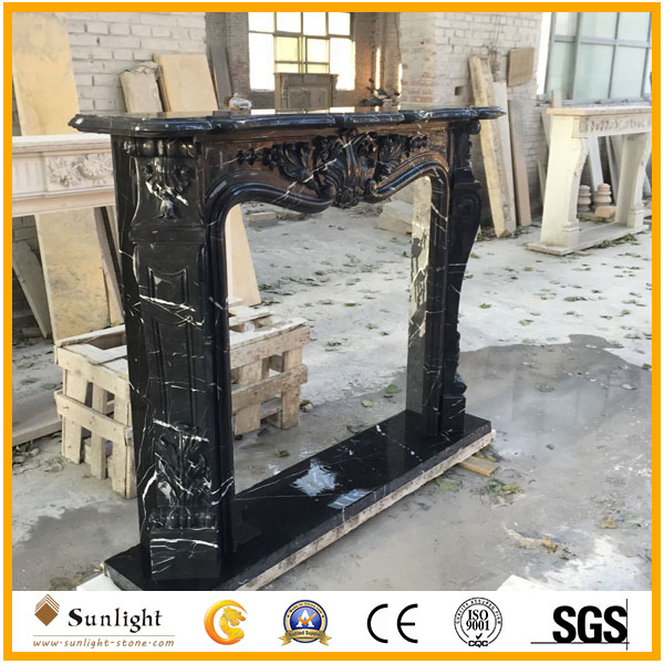 Carved Black Marble Stone Fireplace for Indoor