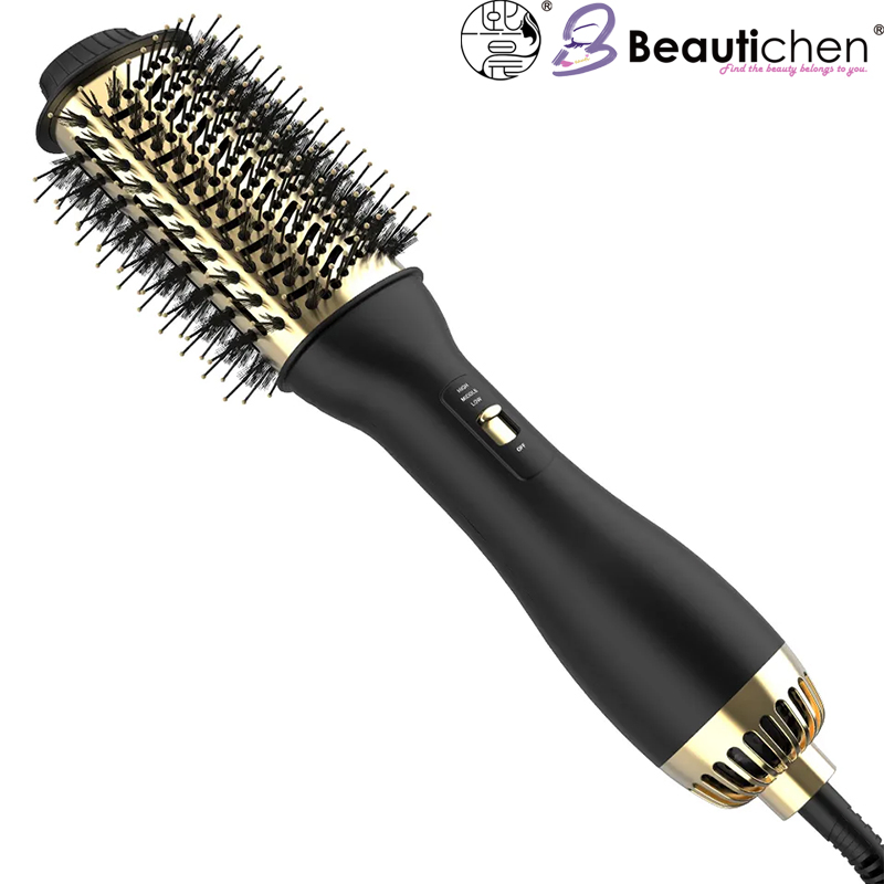 Beautichen Multifunctional Hot Air Brush – Black & Gold Round Brush with Ionic Technology for Fast Drying, Straightening & Curling