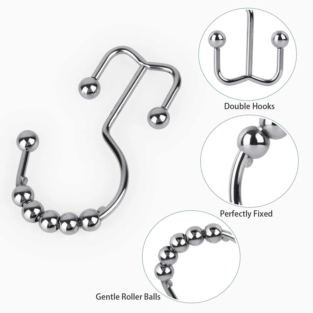 Stainless Steel Heavy Duty Roller Ball Double Shower Curtain Hooks