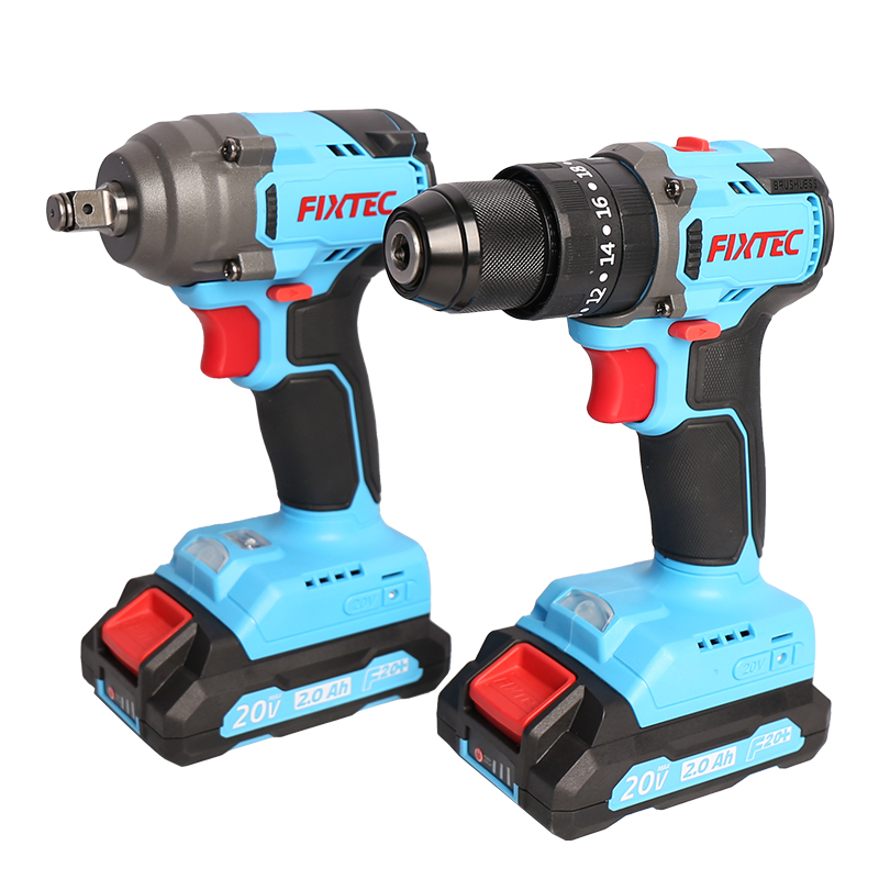 Fixtec Professional 20V Brushless Drill Impact Wrench Kit High Torque Lithium Ion Battery Powered Cordless Power Tool Combo Kit Drill Set Toolbox