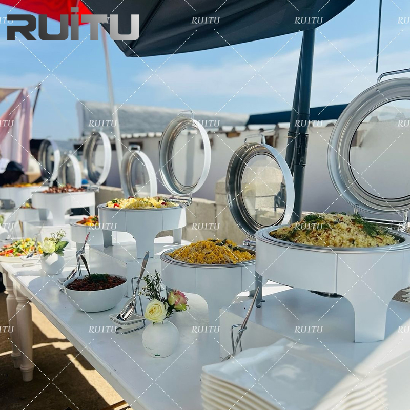 Fast Delivery Dining Table Hydraulic Glass Chafer Safing Dishes Food Warmer with Risers Round 6 Quart White Royal Chaffing Dish