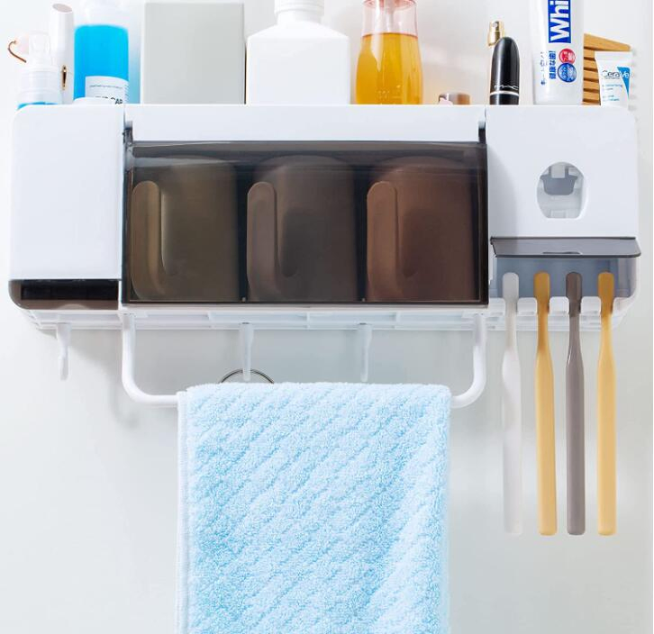 Automatic Toothpaste Dispenser Wall Mounted with Toothbrush Holder, Multi-Functional Space Saving Toothbrush Organizer with 3 Cups