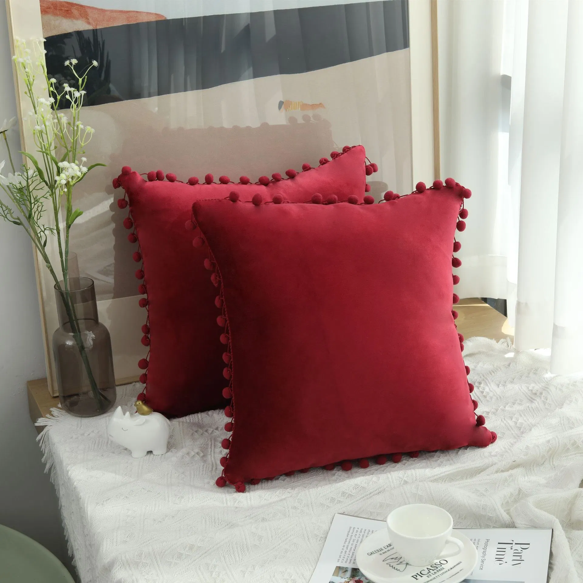 Decorative Throw Pillow Covers with Cute POM POM, Square Soft Cushion Covers
