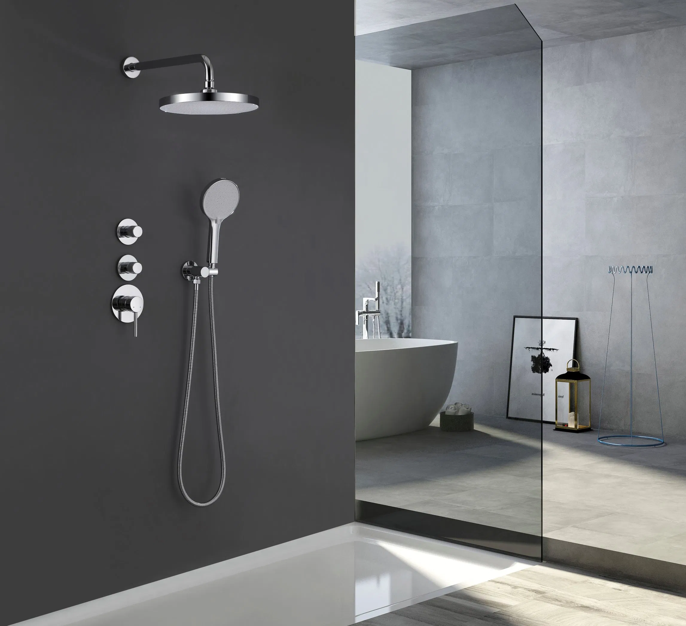 Stainless Steel Bathroom Shower Set with Trim Kit and Rain Head Complete