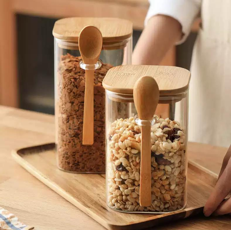 Clear Glass Jar with Lid and Spoon Sealed Canister Food Storage Container for Loose Tea Coffee Bean Sugar Salt