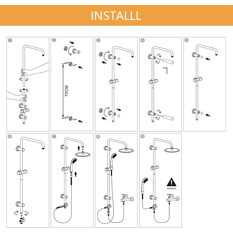 Sanipro 8-Inch Rainfall Top Spray 3 Modes Handheld Shower Head Wall-Mounted Stainless Steel System Set for Bath Shower Faucets