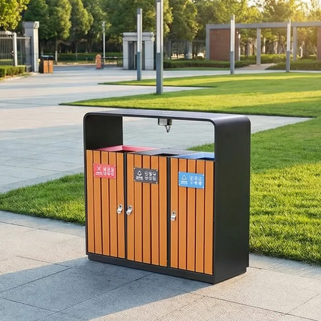 Уличный трёхсекционный мусорный бак для раздельного сбора