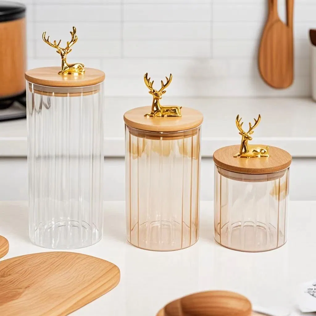 Amber Deer Head Striped Glass Storage Jar Kitchen Household Dried Fruit Coffee Bean Sealed Jar
