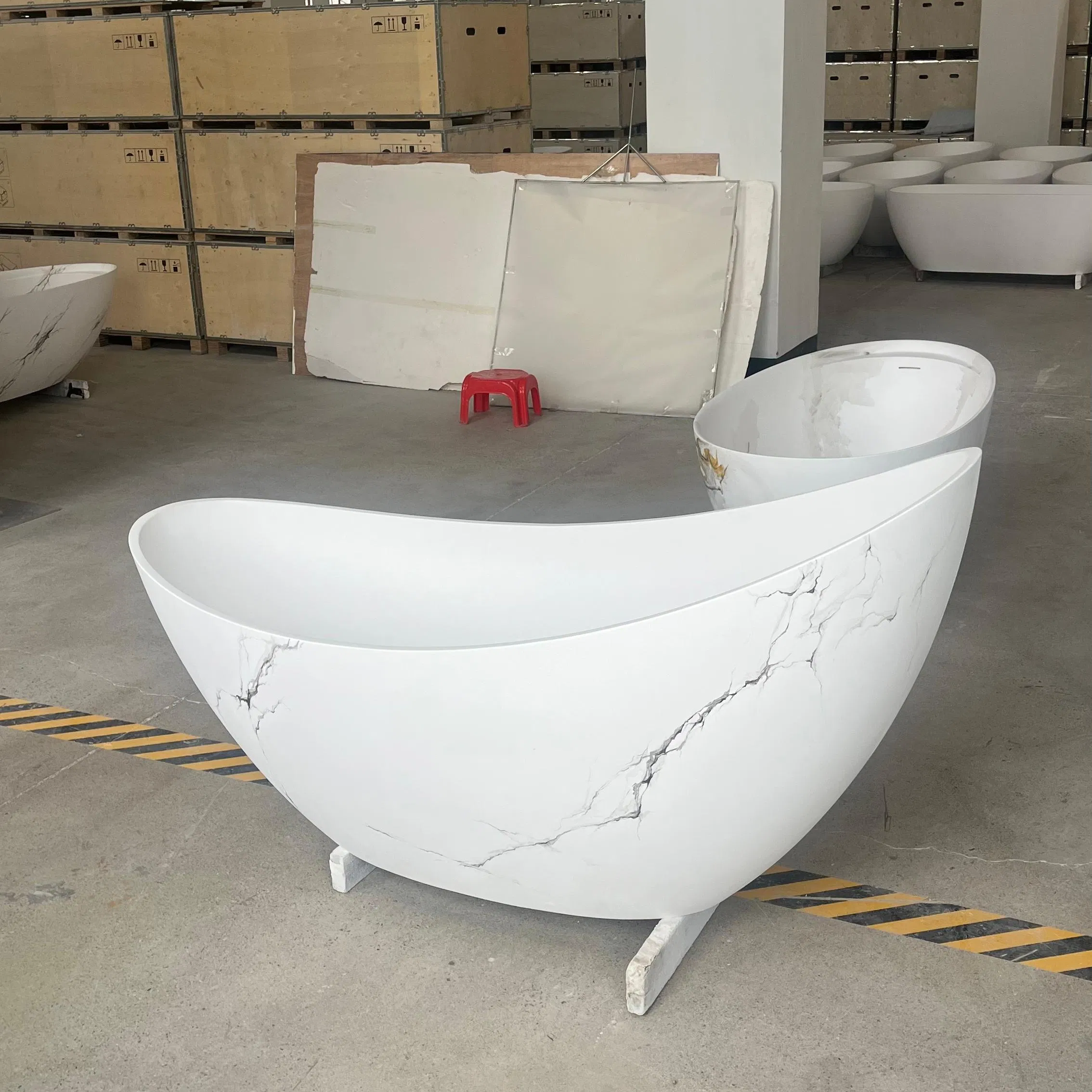 High-End Freestanding Bathroom Bathtub Customized Marble Texture Cultured Composite Stone Solid Surface Soaking Pedestal Tub