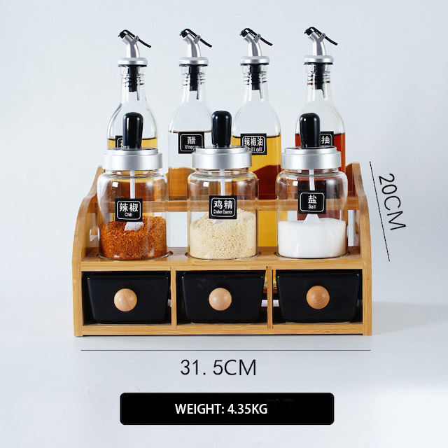 Kitchenware Bamboo Ceramic Condiment Seasoning Jar Glass Oil Bottle Storage Set