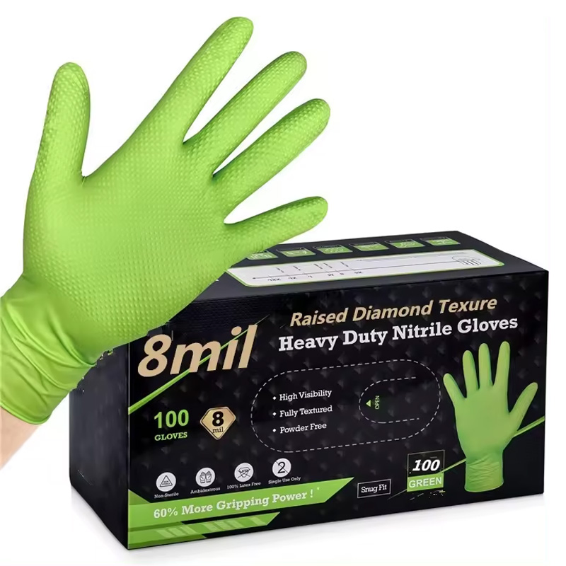 Heavy Duty Diamond Textured Green Powder-Free Disposable Nitrile Gloves