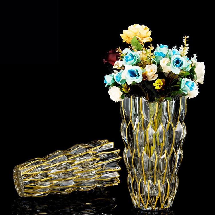 Creative Modern Crystal Flower Glass Vase Living Room Decoration Ornaments Large Flower Vase with Gold Rim