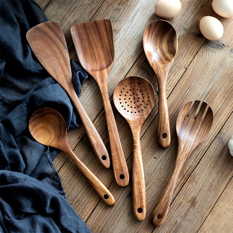 Durable Acacia Teak Wood Kitchen Cooking Tools 6PCS Kitchen Wooden Cooking Utensils Set