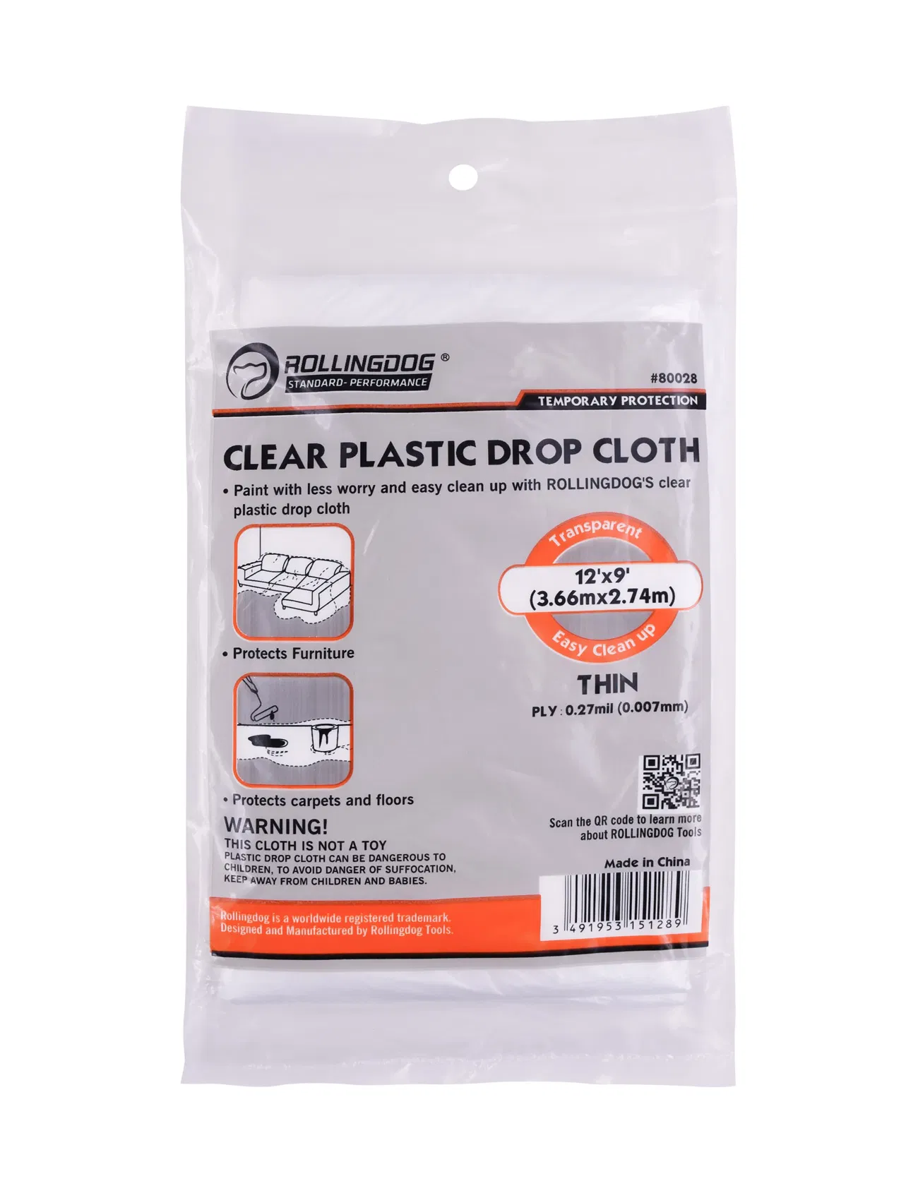 Rollingdog-PRO 80028 Clear Plastic Drop Cloth PE