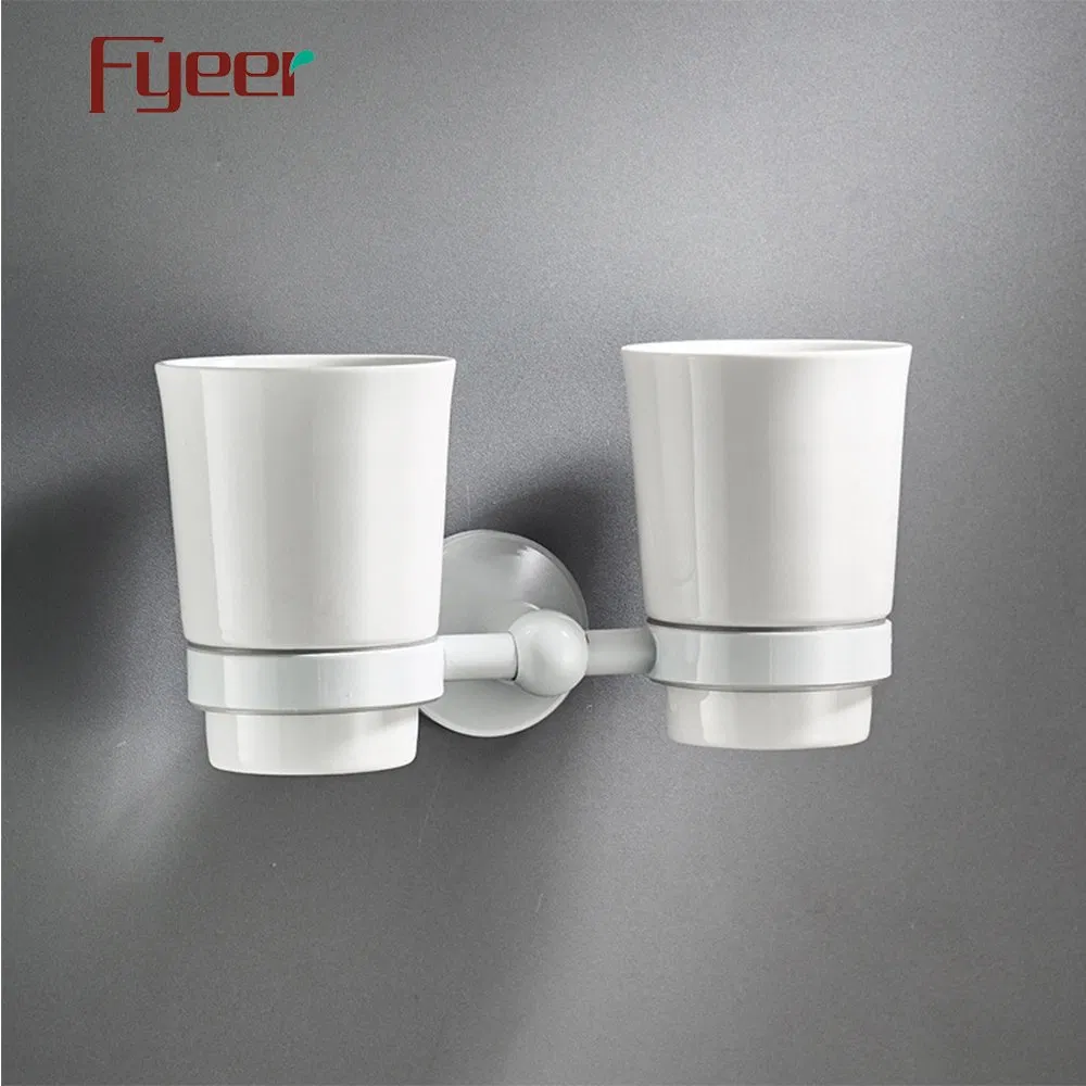 Fyeer Matte White Solid Brass Double Tooth Brush Cup Holder