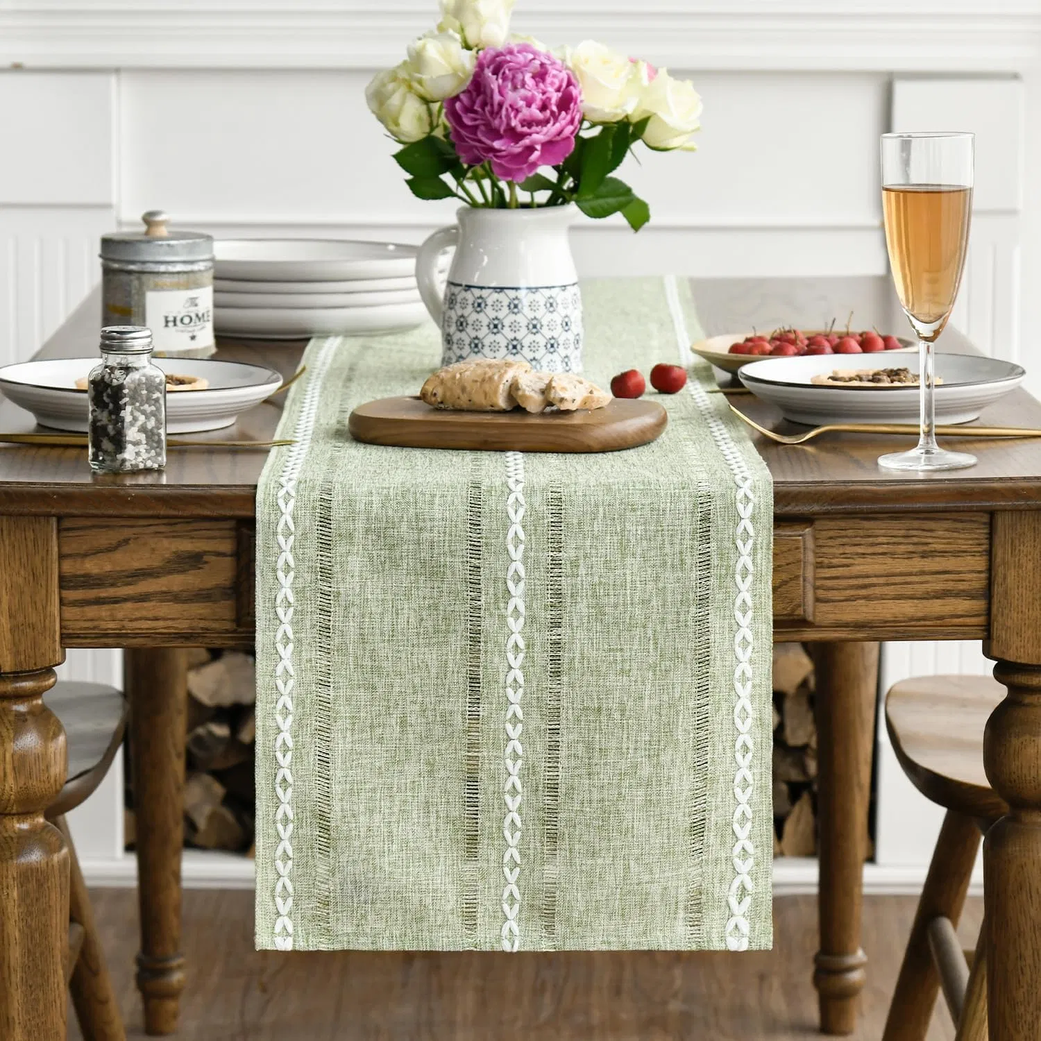 Sage Green Rustic Cotton Linen Table Runner for Home Party Decor