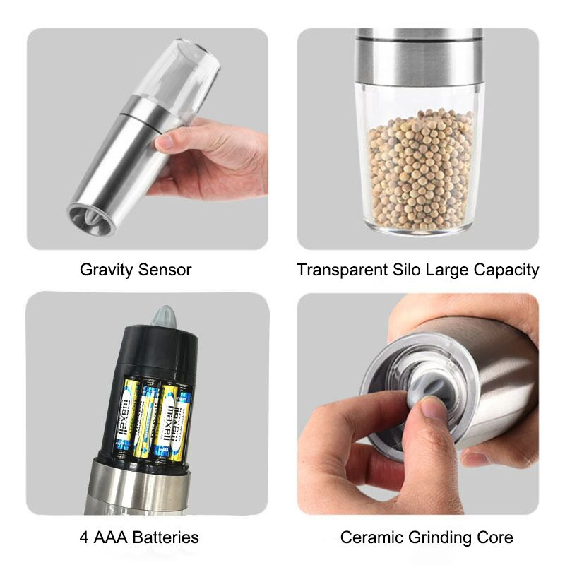 Hot Electric Automatic Gravity Sensor Stainless Steel Salt Pepper Grinder with Light
