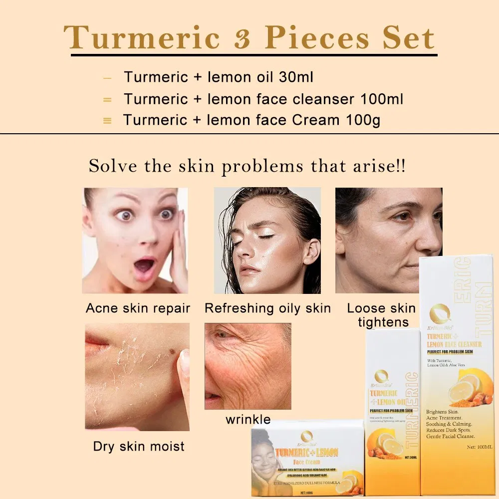 Hot Selling Turmeric Repair Acne Refresh Oily Skin Sets Natural Safe Lemon Tighten Moisturizing Dry Skin Turmeric 3 Pieces Set