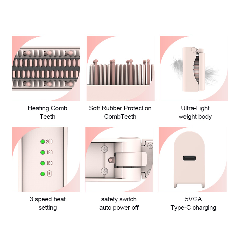 Foldable Wireless Portable Compact and Ultra Light Straight Hair Brush, Foldable with Power-off and Safety Lock