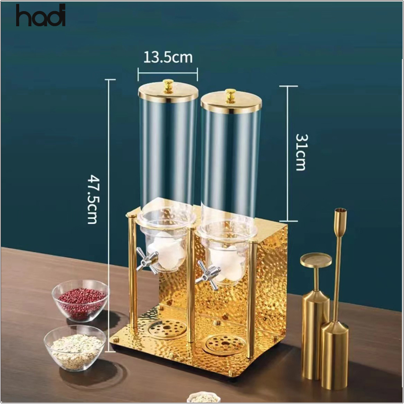 Commercial Double Tank Golden Breakfast Cereal Dispenser for Hotels Modern Counter Top Stainless Steel and Plastic Dispenser
