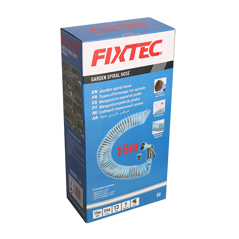Fixtec EVA Retractable Coil Garden Hose 50FT with Spray Nozzle Gun Telescopic Hose Spring Water Pipe Car Wash Watering Spiral Coil Garden Hose