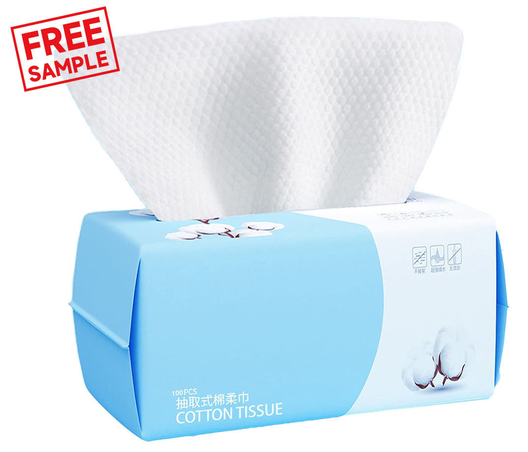 Free Sample Ultra-Soft Face Towels Dry Wipes 1oo Count Dry and Wet Dual Use Facial Tissue for Cleansing