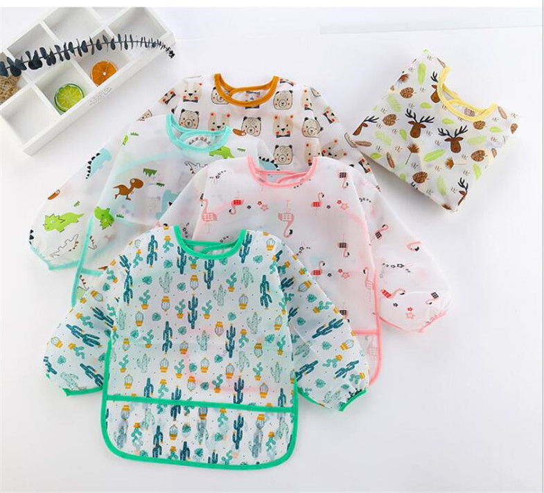 2025 Reusable Waterproof Polyester Printing Cartoon Baby Feeding Bibs with Long Sleeve