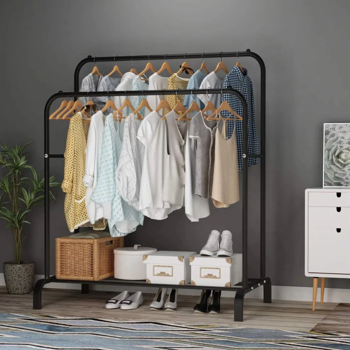 High Quality Open Type Wardrobe Portable Clothes Shoe Garment Coat Rack Display Shelves Rack Double Rod Hanging Clothing Racks for Bedroom