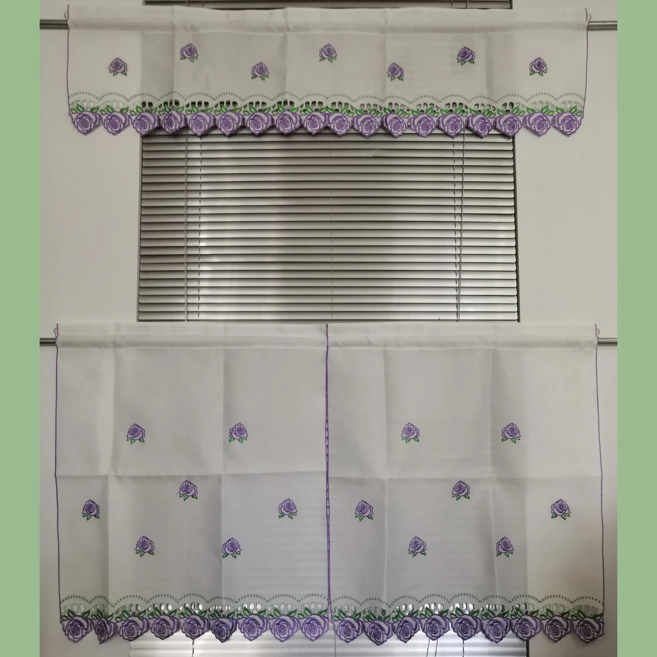 Light Purple Embroidered Rose Border 7-Pieces Kitchen Curtain