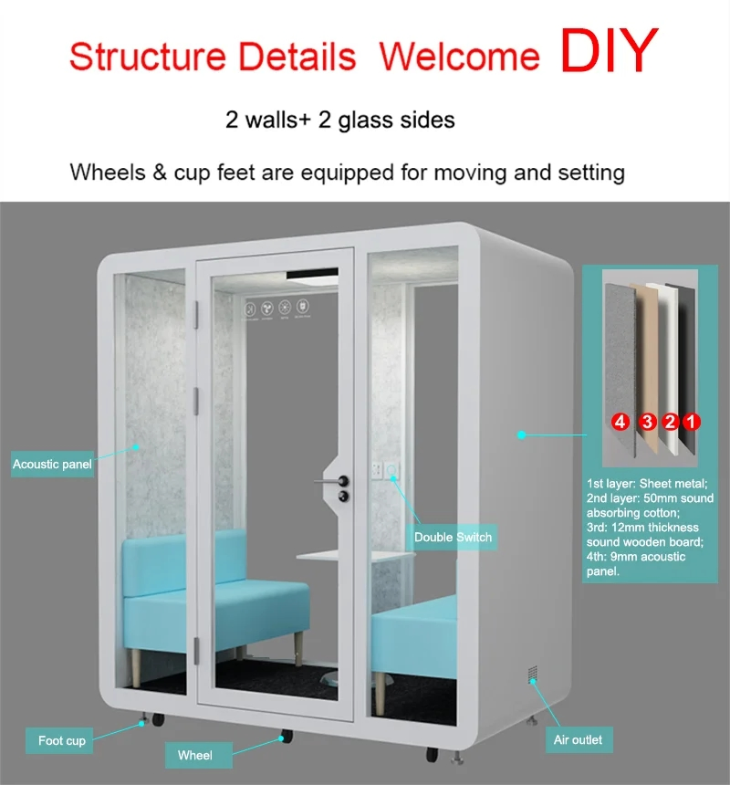 Modern Eco-Friendly Office Pod 4-Layer Soundproof Steel Frame Quiet Acoustic Booth for Conference Room Indoor Recording Pod