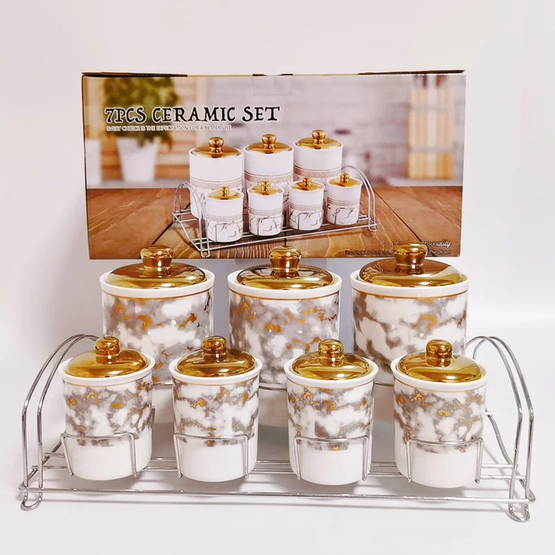 Factory Hot Sale Popular Design Household Storage Jars Ceramic Coffee Storage Canisters Set with Metal Stand