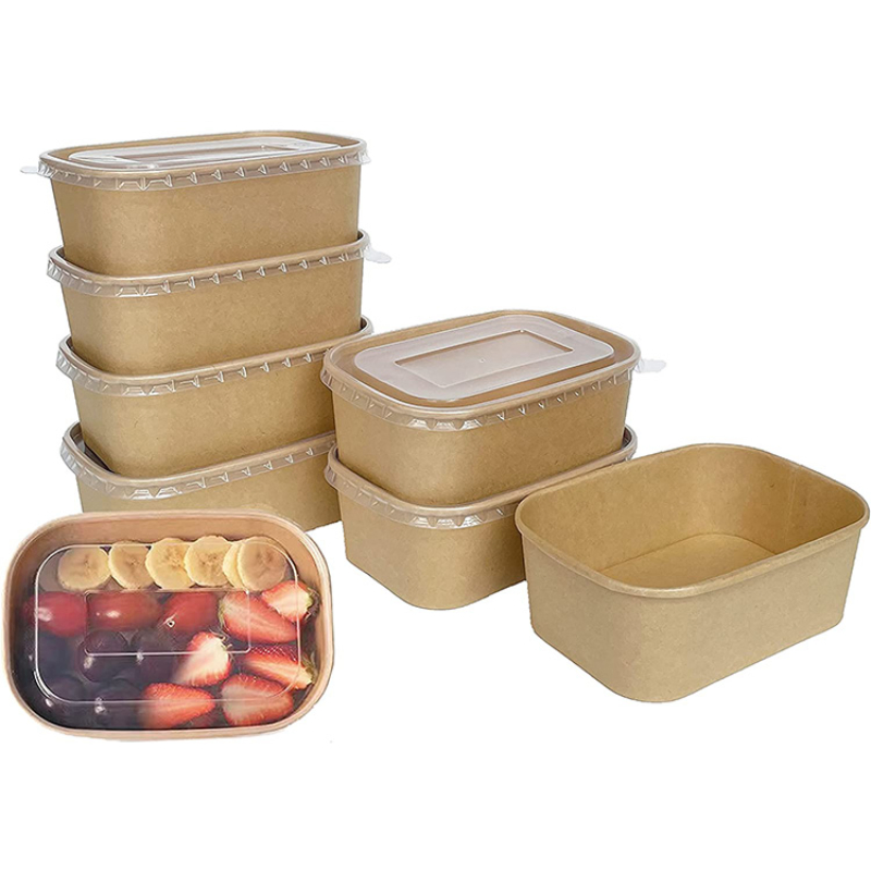 Paper Bowls Custom Take out 500ml 650ml Recentangle Disposable Kraft Paper Salad Bowl with Lid