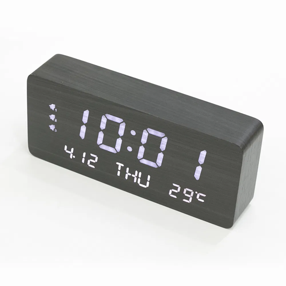 Living Room Table Wood LED Calendar Alarm Clock White LED Temperature Display