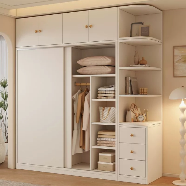 Modern Sliding Door Wardrobe with Drawers Customizable Wood Bedroom Furniture