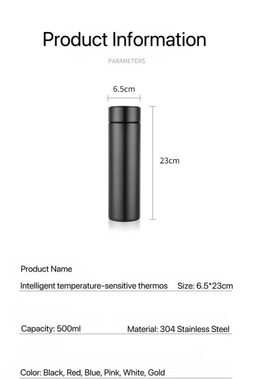 Intelligent Outdoor 500ml Stainless Steel Water Bottle Smart Thermo Reminder with LED Display Screen for Travel and Mugs