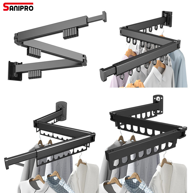 Sanipro Indoor/Outdoor Wall Mounted Tri-Fold Space-Saving Collapsible Laundry Hanger Retractable Folding Clothes Drying Rack