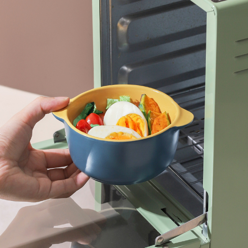 Household Mini Casserole Ceramic Anti-Scald Double Ear Microwave Soup Bowl with Lid