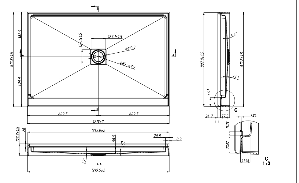 High Grade Reinforced Modern Bathroom Fiberglass SMC Shower Tray