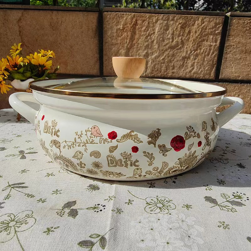 Enamel Casserole Pot Kitchenware Accessories Cooking Pots Double Wall Casserole Pot with Glass Lid