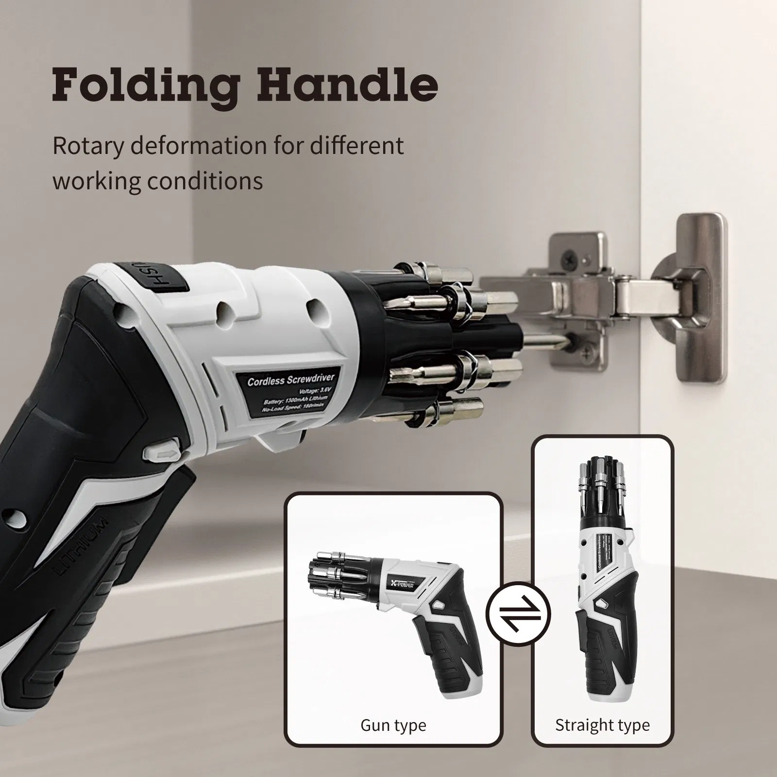 KCS633 3.6V Rechargeable Electric Screwdriver with 6PCS Bits Quick Change Bits Lithium Battery LED Light Type-C USB Folded Handle