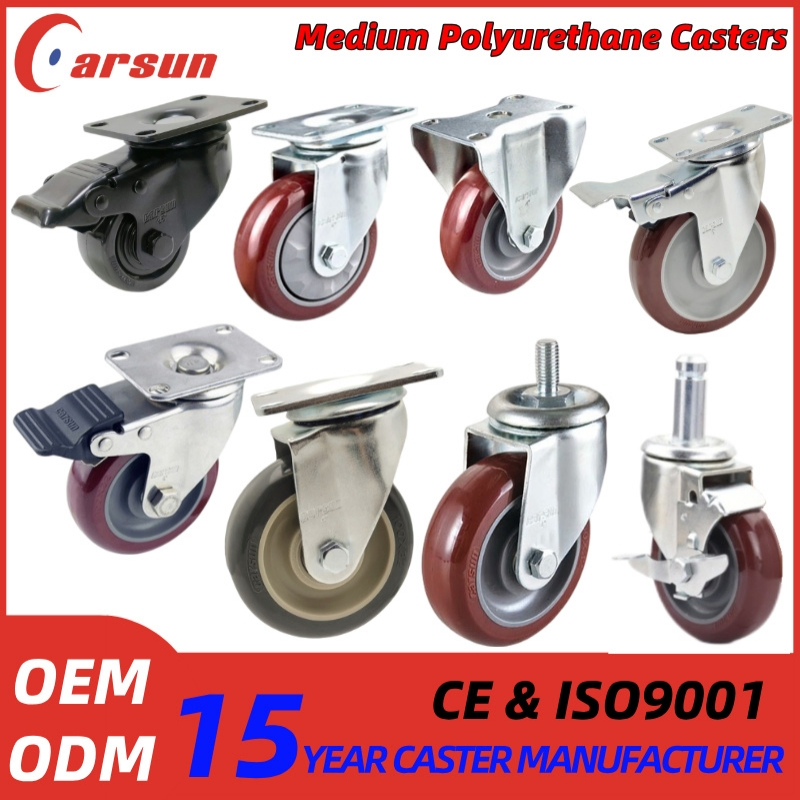 3/3.5/4/5 Inch Top Plate Medium Castors Polyurethane Casters Red PU Industrial Caster Wheel
