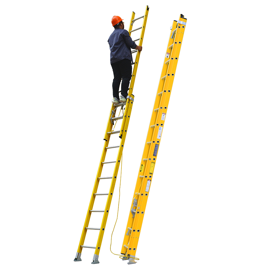 FRP Red Yellow 2 Sections Fiberglass Telescopic Extension Ladder 2X8 Double Extension Fiberglass Folding Straight Wall Ladder