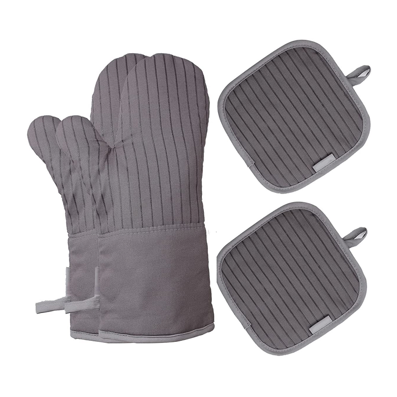 Oven Mitts and Pot Holders Sets Oven Mitts Heat Resistant with Cotton Lining and Non-Slip Silicone Striped Surface Hanging Loop and Potholders