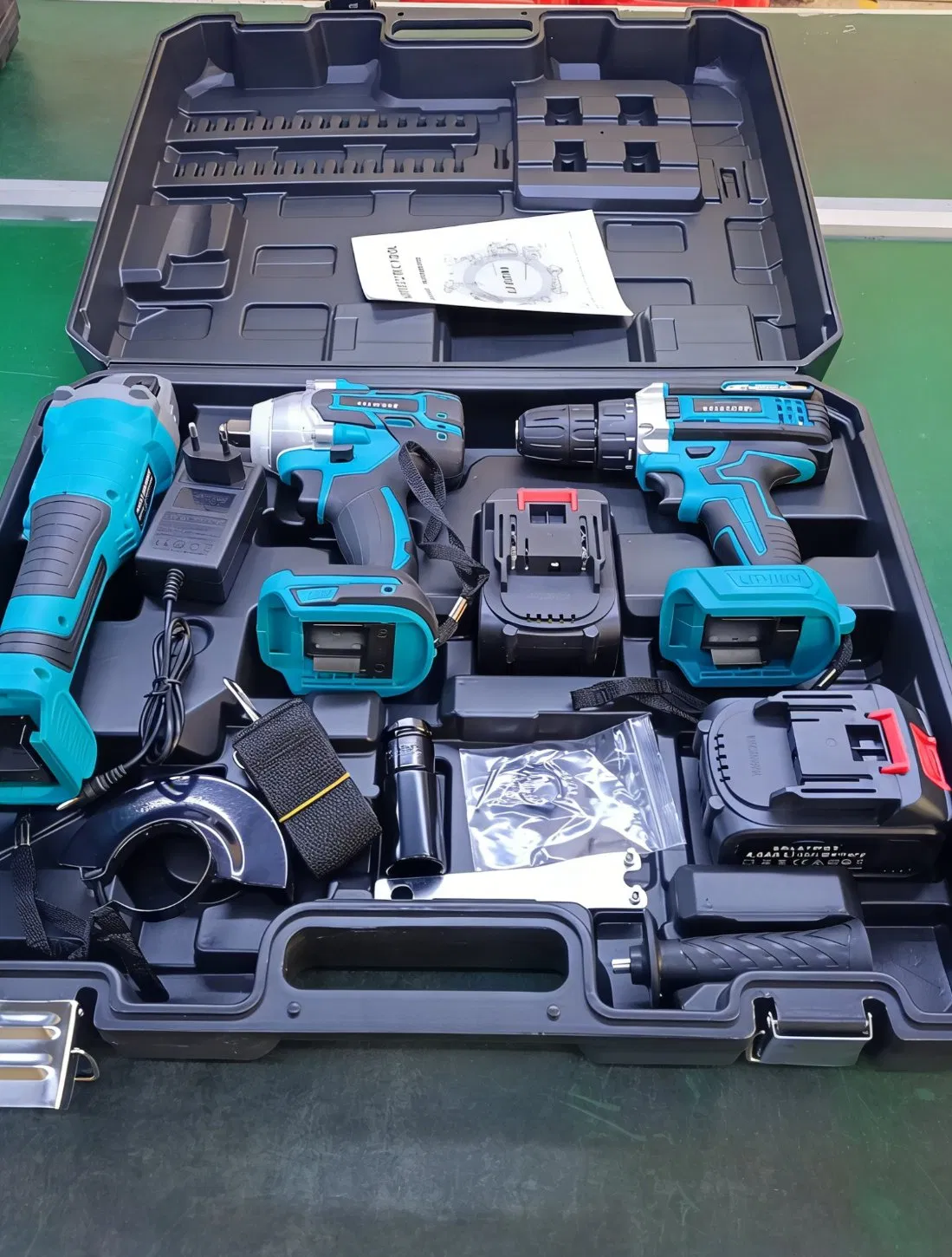 Versatile Power Tool Set: Drill, Impact Wrench, and Grinder
